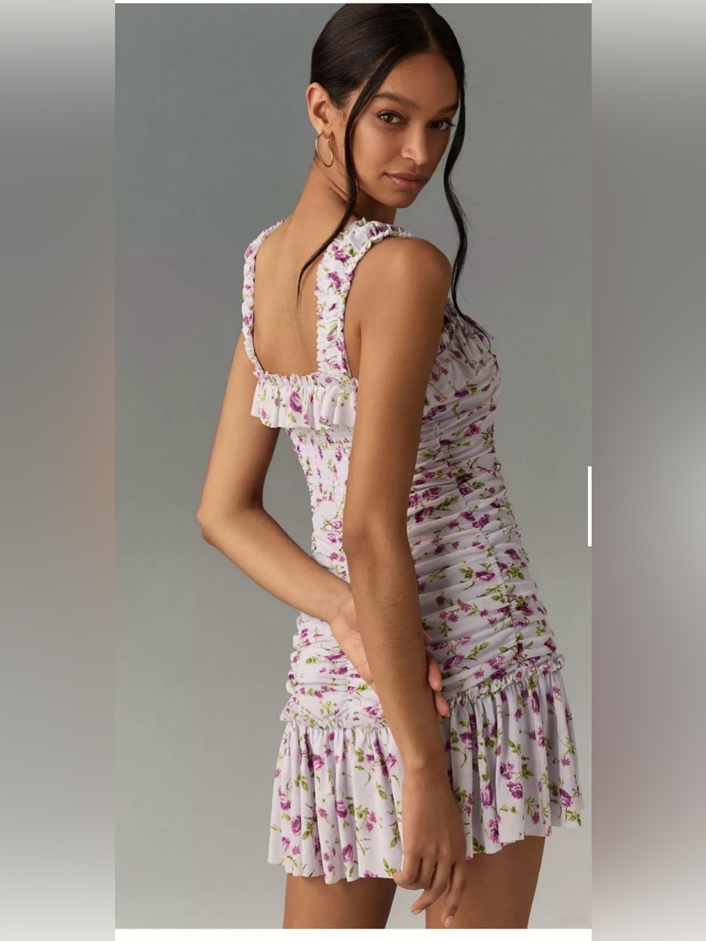 NWT Anthropologie Sleeveless Square-Neck Ruched Mini Dress purple floral Large - Picture 2 of 6